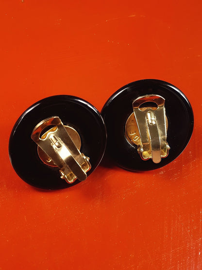 Vintage 1980s Black White Faux Pearl Earrings Clip-On - Made In Italy