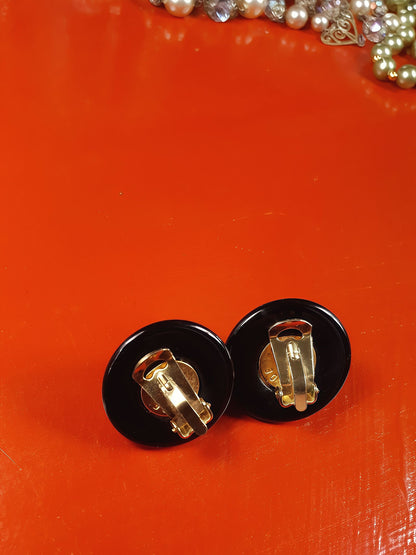 Vintage 1980s Black White Faux Pearl Earrings Clip-On - Made In Italy