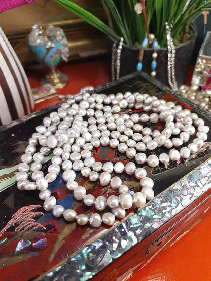 Vintage 1980s Grey Lilac Baroque Freshwater Pearl Necklace – 62" Long Strand