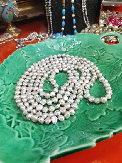 Vintage 1980s Grey Lilac Baroque Freshwater Pearl Necklace – 62" Long Strand