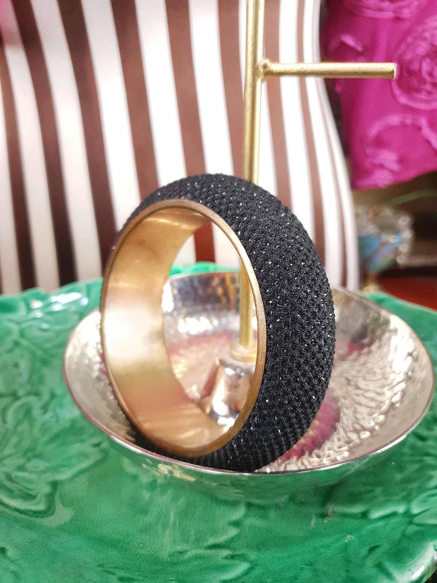 Vintage 1980s Black Mesh Glitter Brass Bangle Bracelet