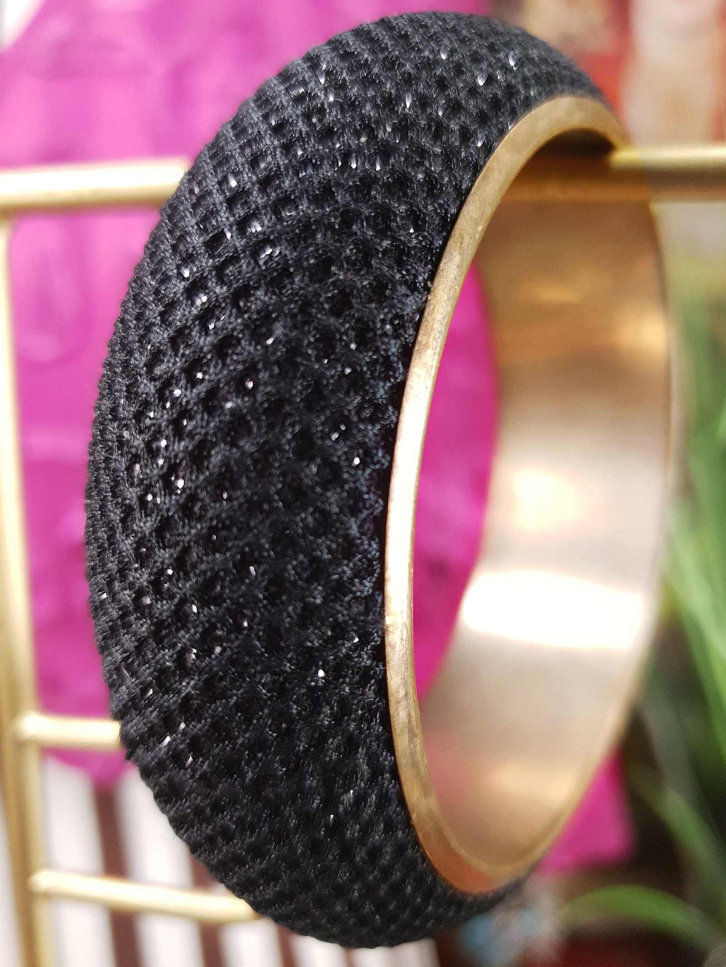 Vintage 1980s Black Mesh Glitter Brass Bangle Bracelet