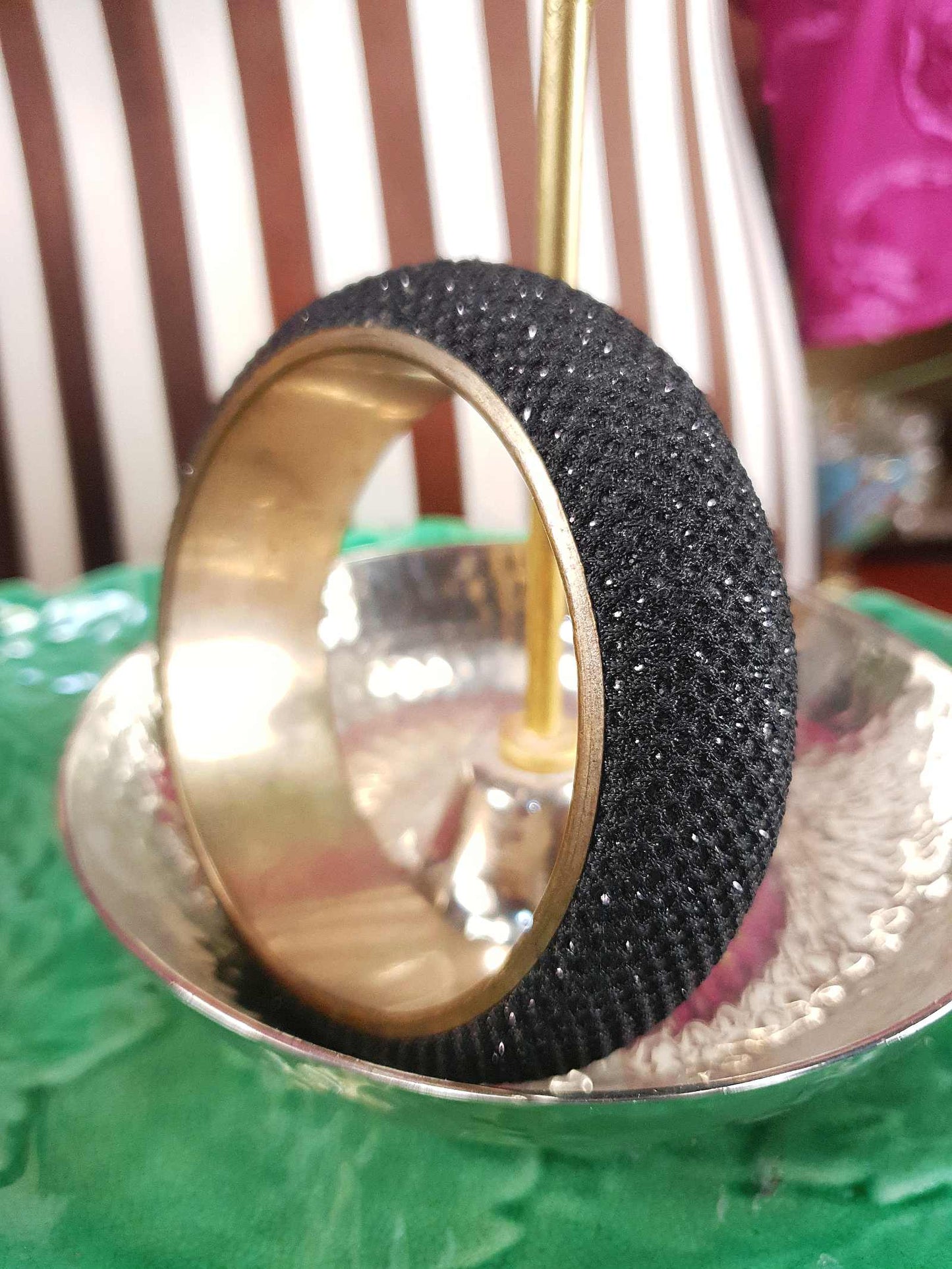 Vintage 1980s Black Mesh Glitter Brass Bangle Bracelet