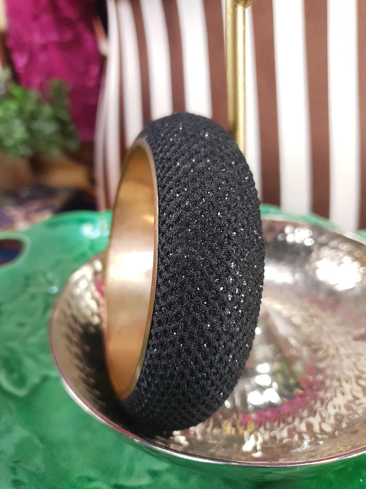 Vintage 1980s Black Mesh Glitter Brass Bangle Bracelet