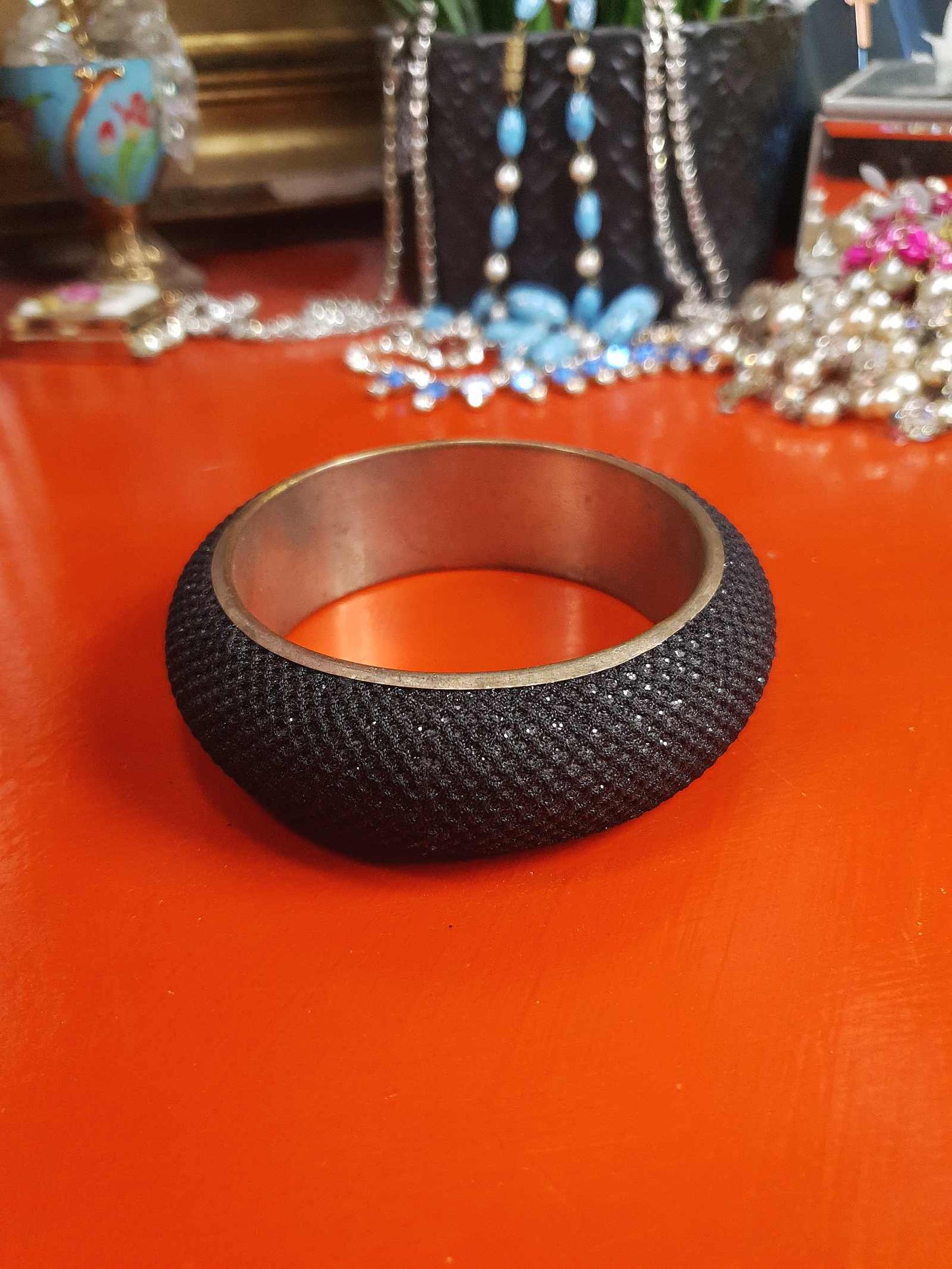 Vintage 1980s Black Mesh Glitter Brass Bangle Bracelet