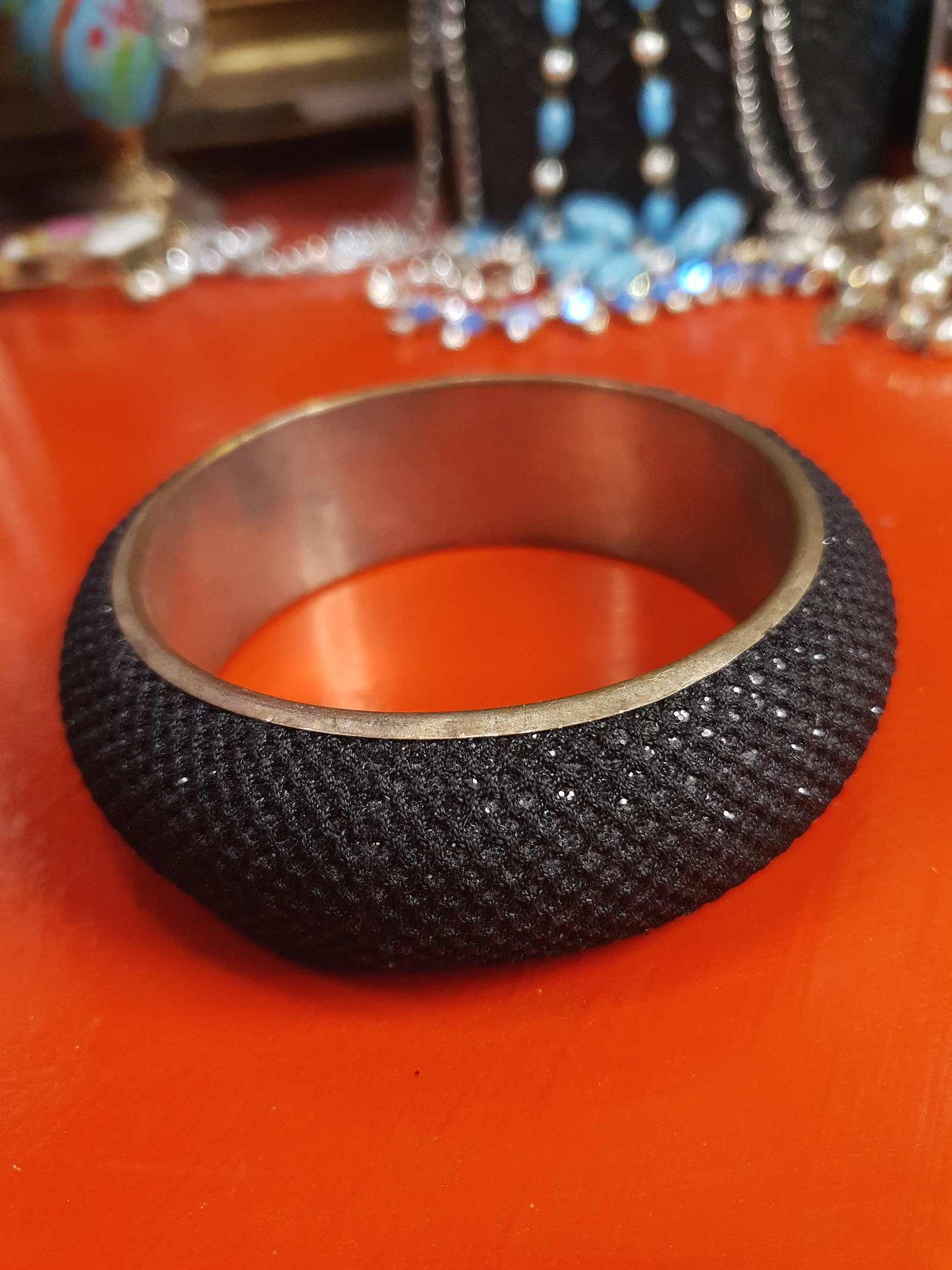 Vintage 1980s Black Mesh Glitter Brass Bangle Bracelet