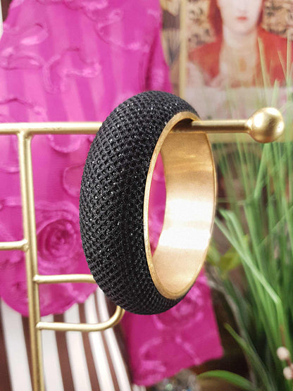 Vintage 1980s Black Mesh Glitter Brass Bangle Bracelet