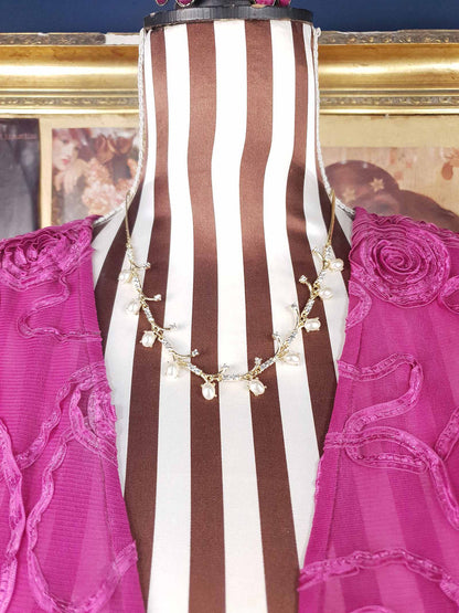 Vintage 1980s White Glass Pearl Rhinestone Necklace Gold-Tone