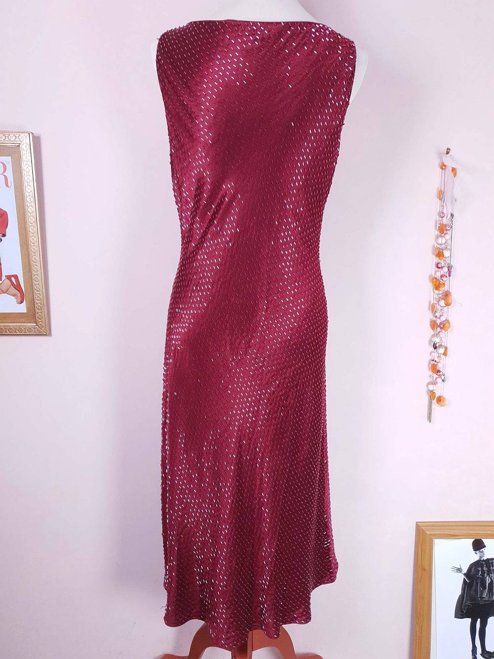 Vintage 90s Burgundy Red Silk Beaded Shift Dress - Size 12
