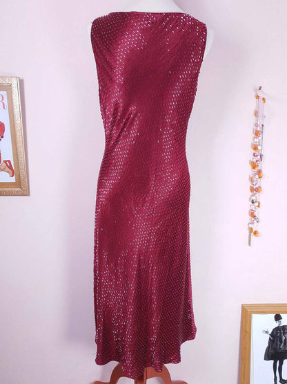 Vintage 90s Burgundy Red Silk Beaded Shift Dress - Size 12