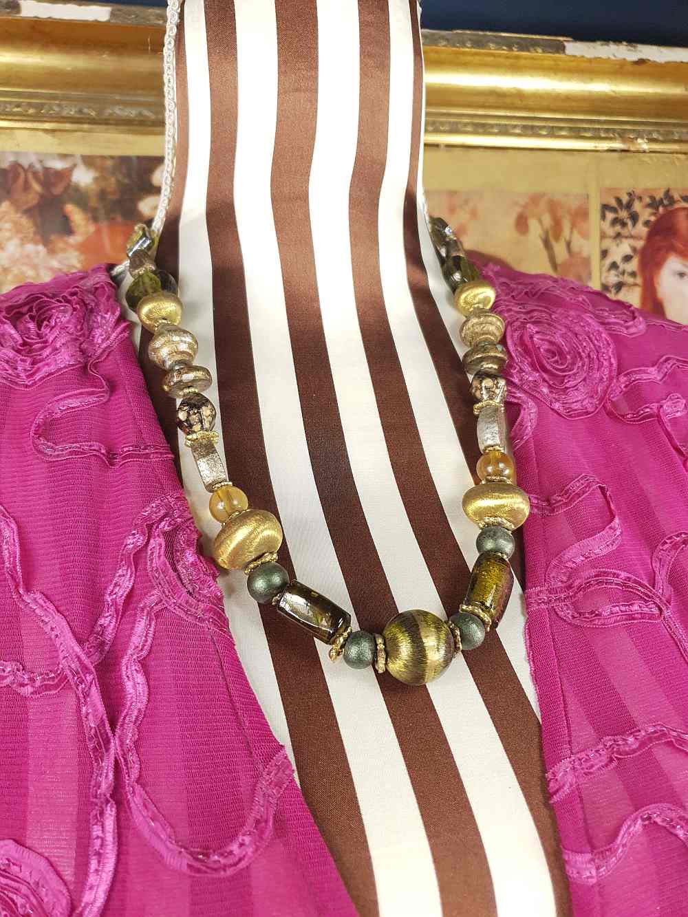 Vintage 90s Green Glass Boho Necklace - Chunky Gold Foil Beads, Wood