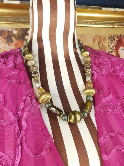 Vintage 90s Green Glass Boho Necklace - Chunky Gold Foil Beads, Wood