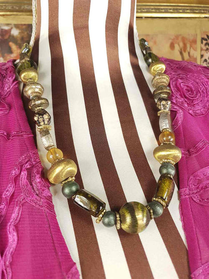 Vintage 90s Green Glass Boho Necklace - Chunky Gold Foil Beads, Wood