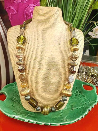 Vintage 90s Green Glass Boho Necklace - Chunky Gold Foil Beads, Wood