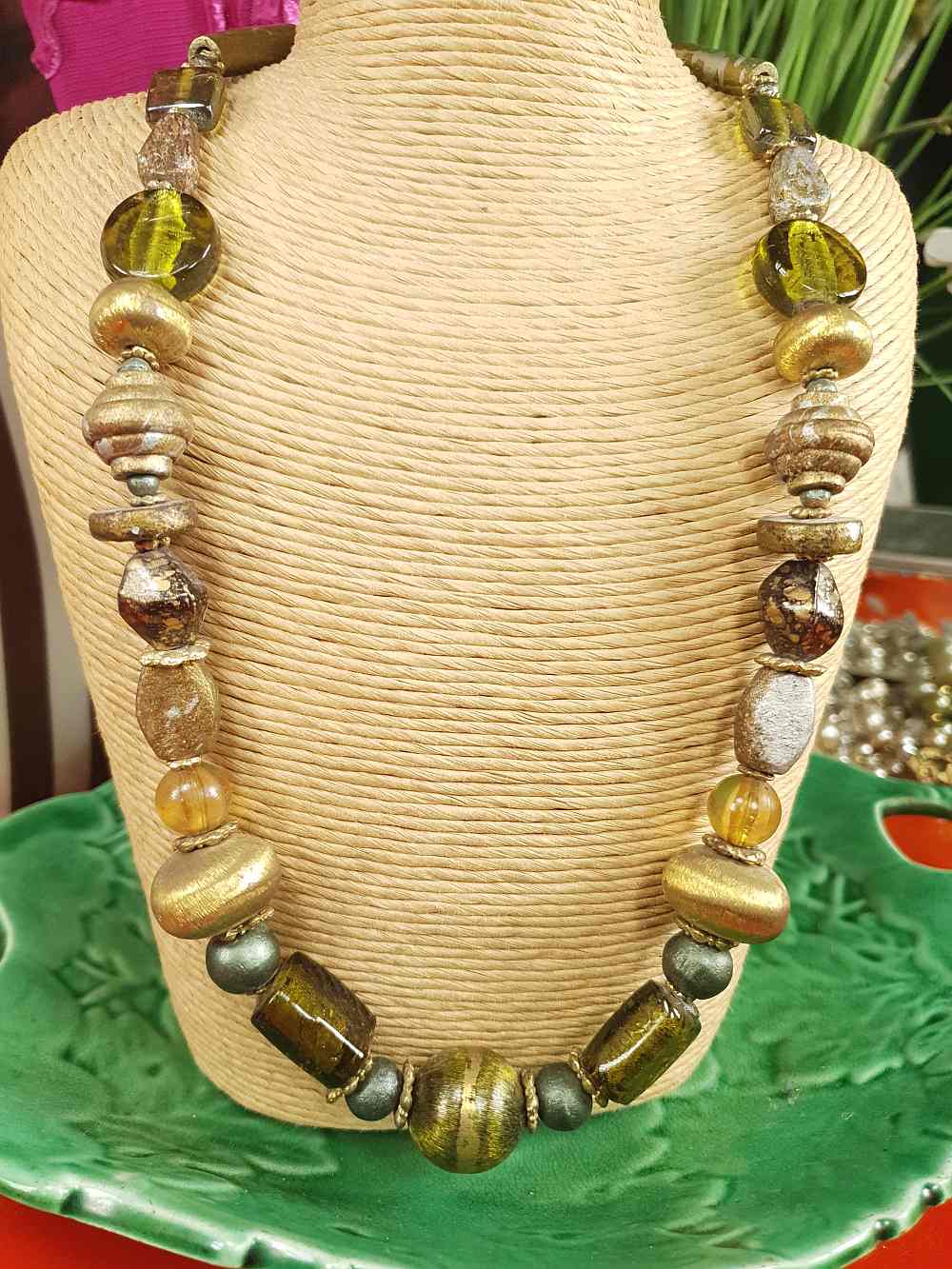 Vintage 90s Green Glass Boho Necklace - Chunky Gold Foil Beads, Wood