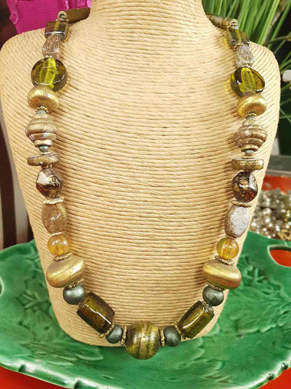 Vintage 90s Green Glass Boho Necklace - Chunky Gold Foil Beads, Wood