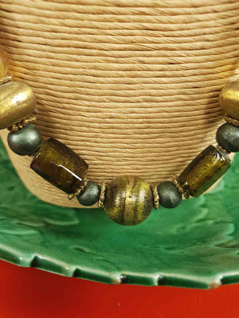 Vintage 90s Green Glass Boho Necklace - Chunky Gold Foil Beads, Wood