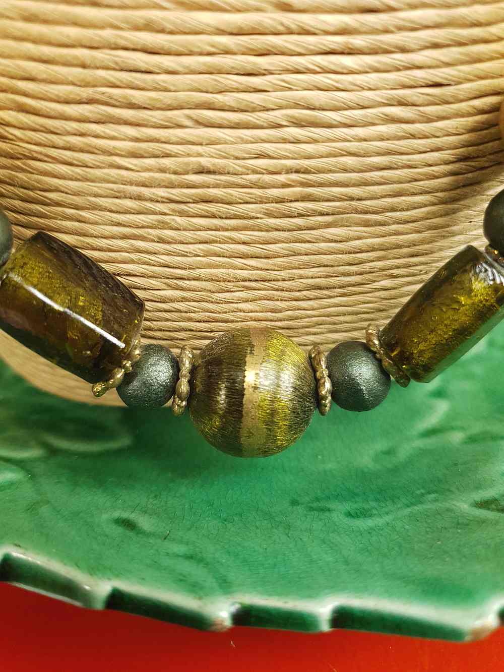 Vintage 90s Green Glass Boho Necklace - Chunky Gold Foil Beads, Wood