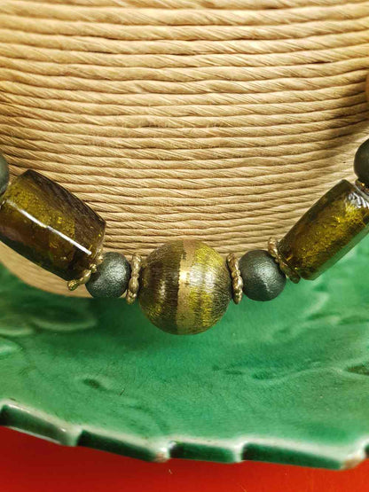 Vintage 90s Green Glass Boho Necklace - Chunky Gold Foil Beads, Wood