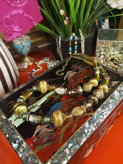 Vintage 90s Green Glass Boho Necklace - Chunky Gold Foil Beads, Wood