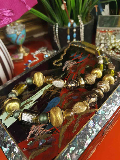 Vintage 90s Green Glass Boho Necklace - Chunky Gold Foil Beads, Wood