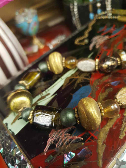 Vintage 90s Green Glass Boho Necklace - Chunky Gold Foil Beads, Wood