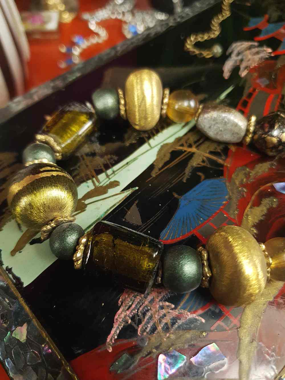 Vintage 90s Green Glass Boho Necklace - Chunky Gold Foil Beads, Wood