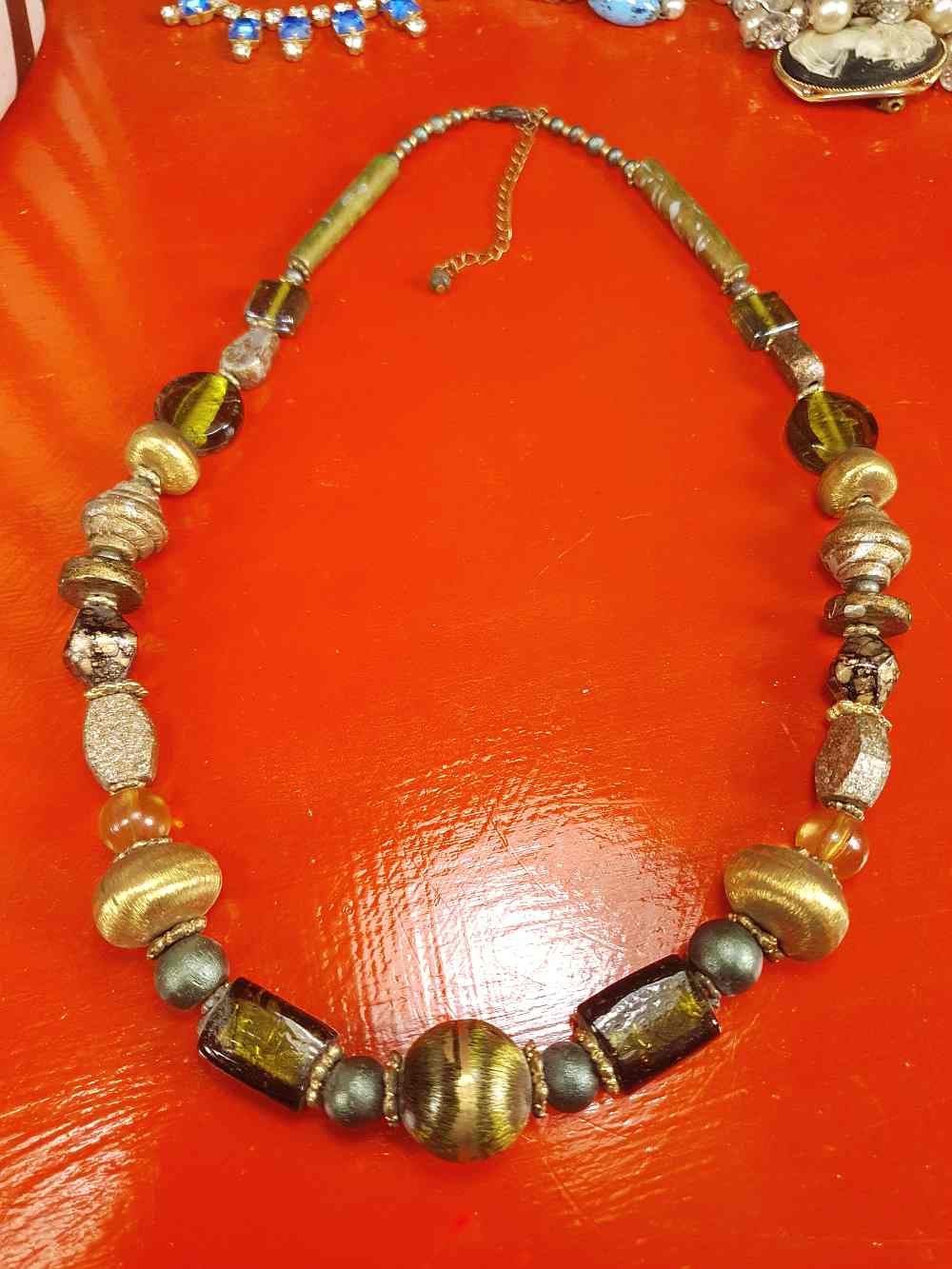 Vintage 90s Green Glass Boho Necklace - Chunky Gold Foil Beads, Wood
