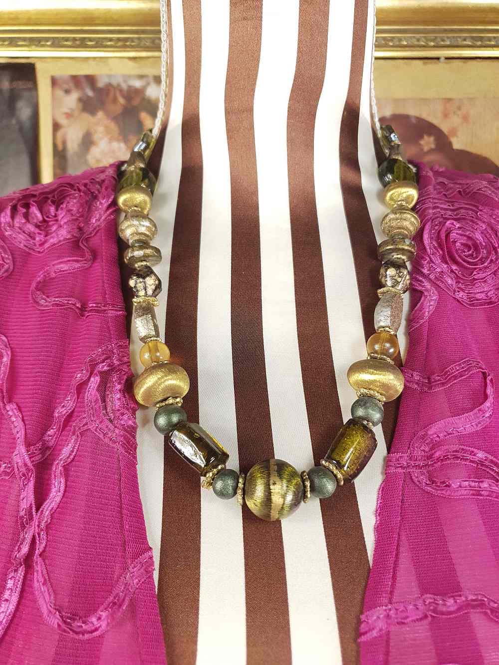 Vintage 90s Green Glass Boho Necklace - Chunky Gold Foil Beads, Wood