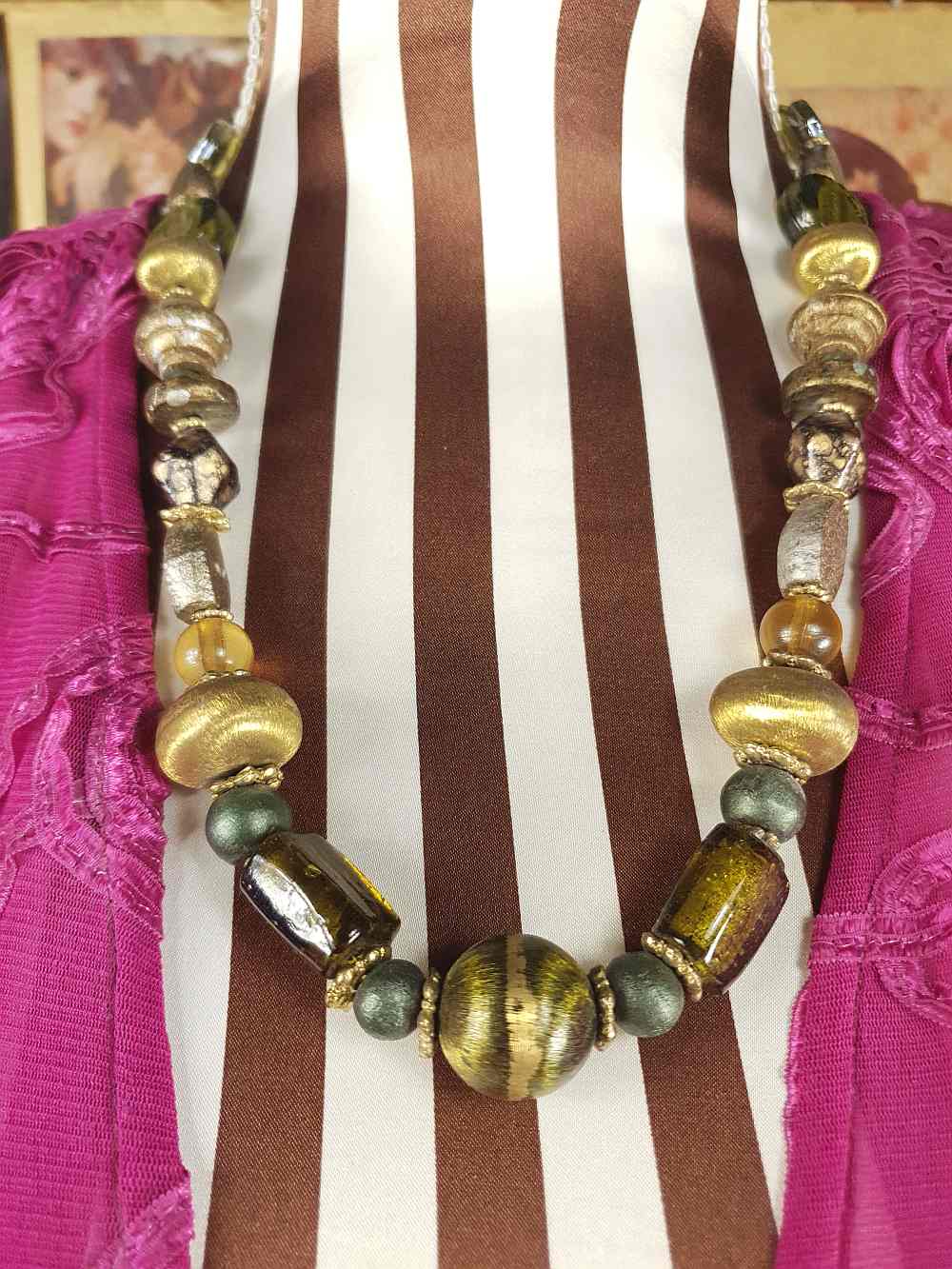 Vintage 90s Green Glass Boho Necklace - Chunky Gold Foil Beads, Wood