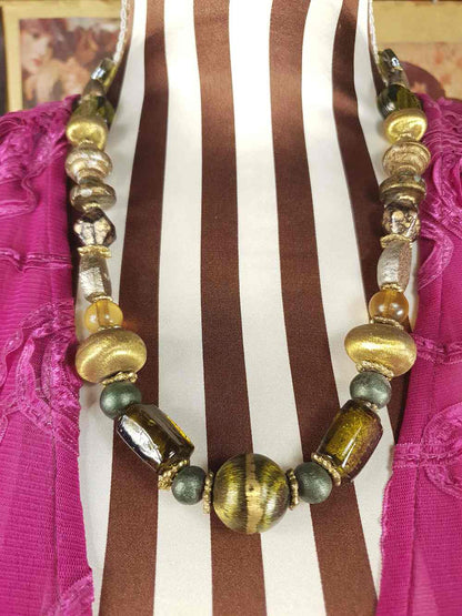Vintage 90s Green Glass Boho Necklace - Chunky Gold Foil Beads, Wood