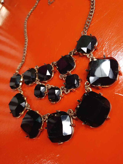 Vintage 90s Black Glass Rhinestone Statement Necklace