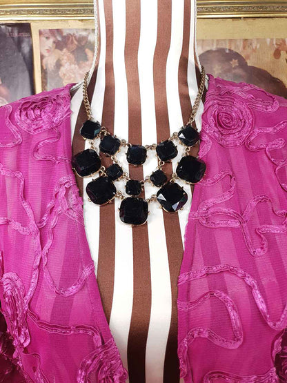 Vintage 90s Black Glass Rhinestone Statement Necklace