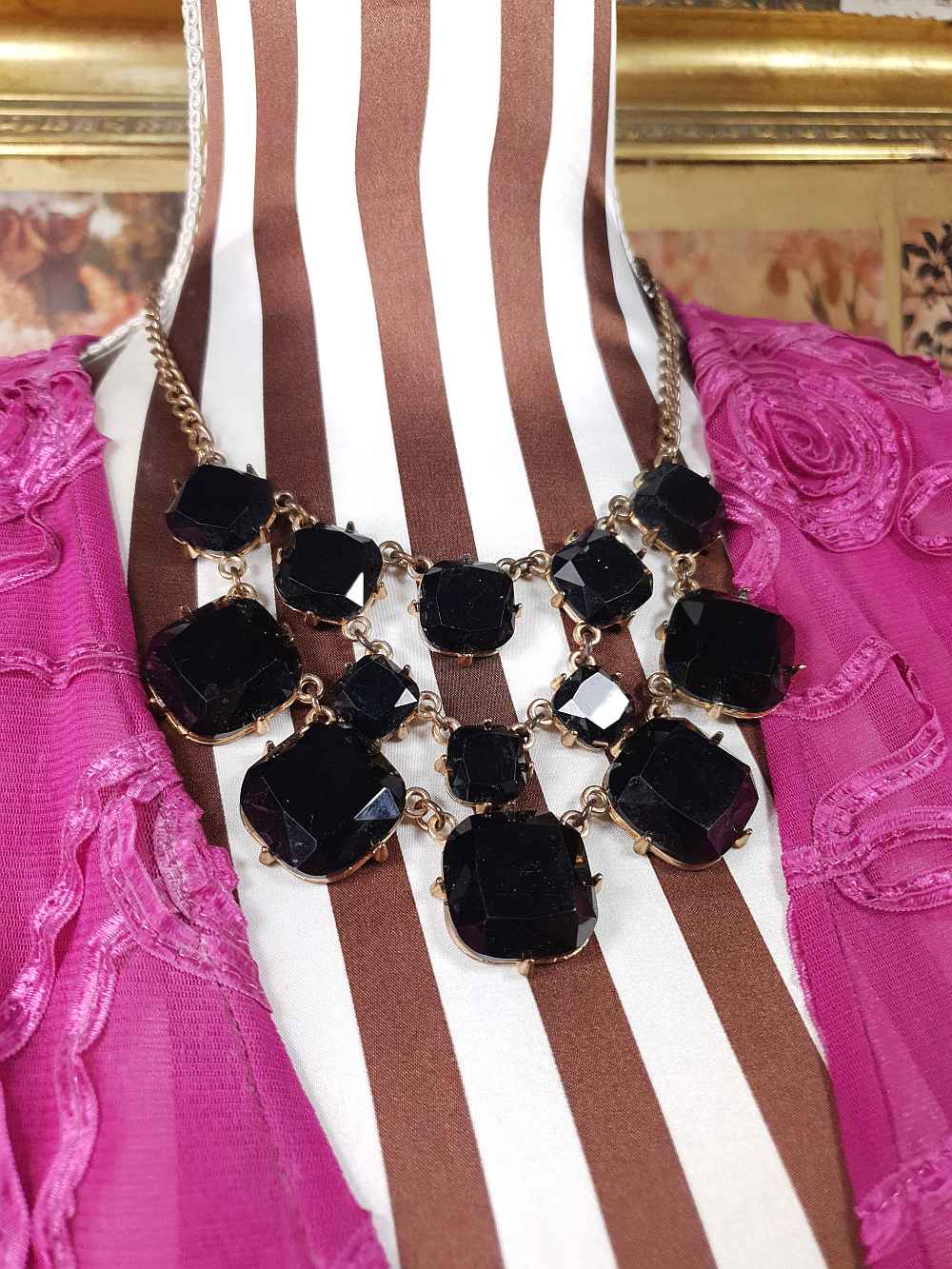 Vintage 90s Black Glass Rhinestone Statement Necklace