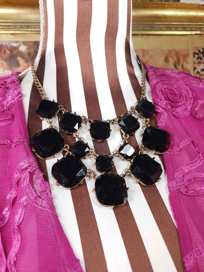 Vintage 90s Black Glass Rhinestone Statement Necklace