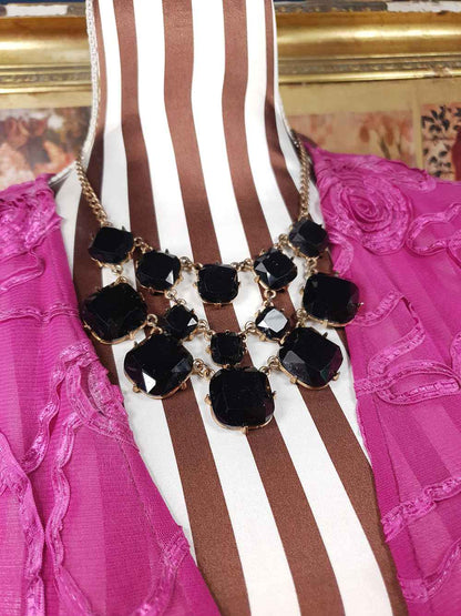 Vintage 90s Black Glass Rhinestone Statement Necklace