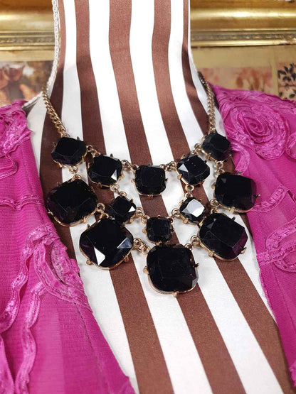 Vintage 90s Black Glass Rhinestone Statement Necklace