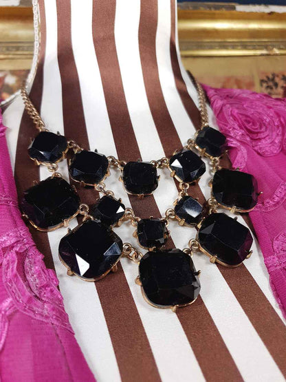 Vintage 90s Black Glass Rhinestone Statement Necklace