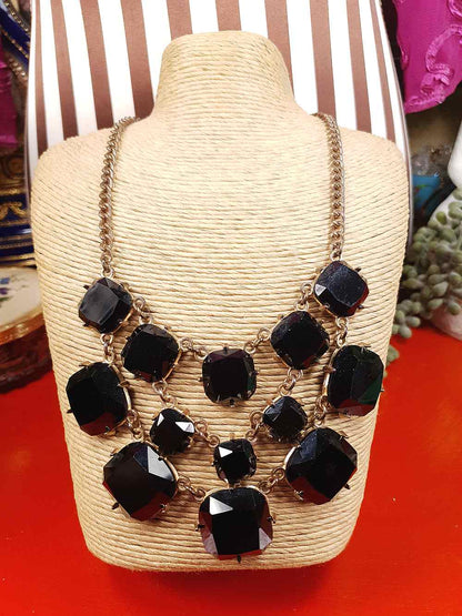Vintage 90s Black Glass Rhinestone Statement Necklace