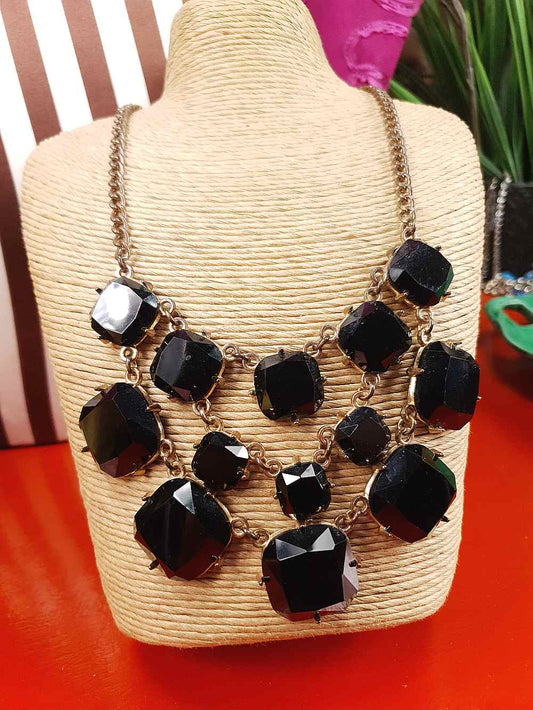 Vintage 90s Black Glass Rhinestone Statement Necklace
