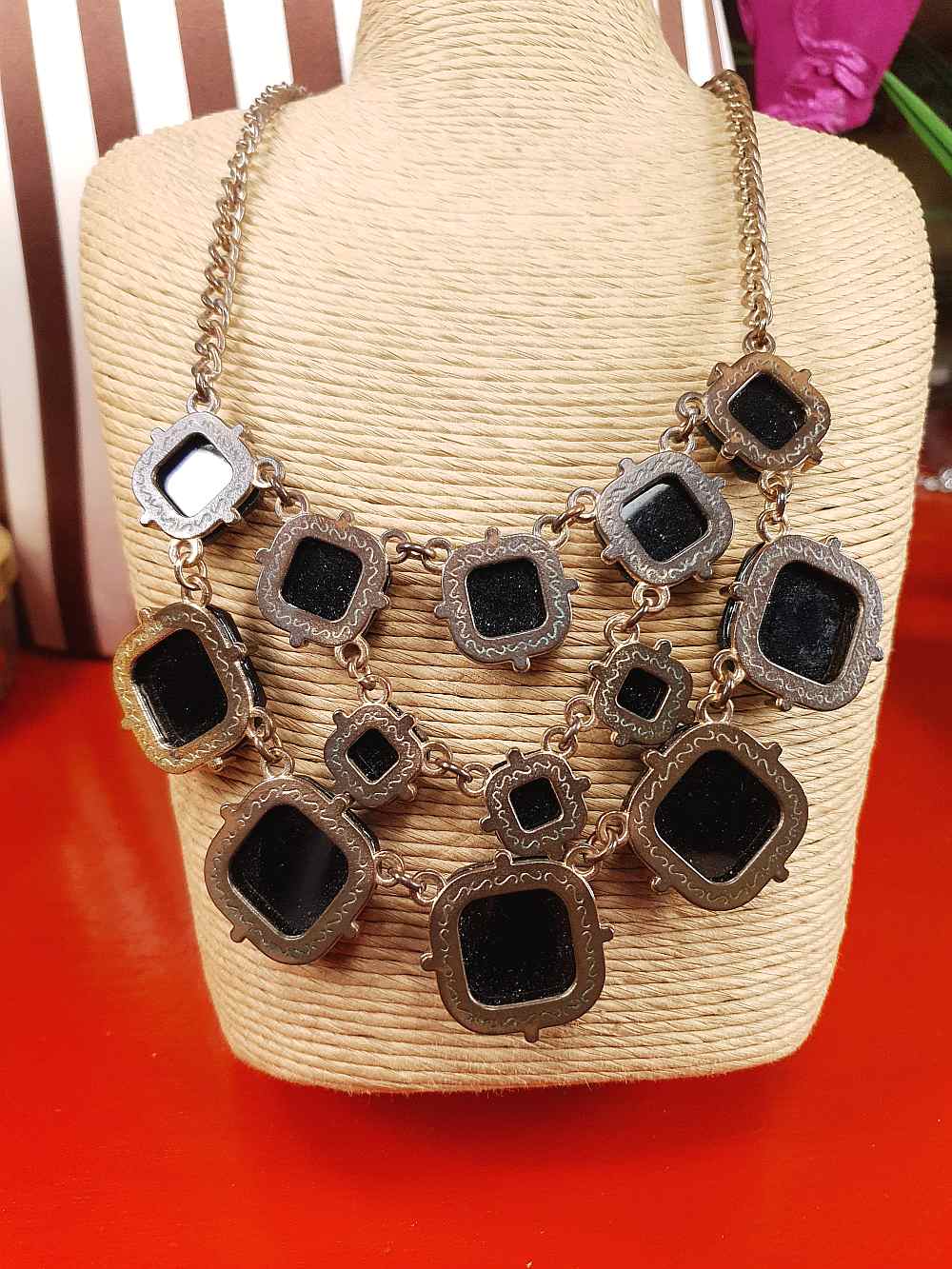 Vintage 90s Black Glass Rhinestone Statement Necklace