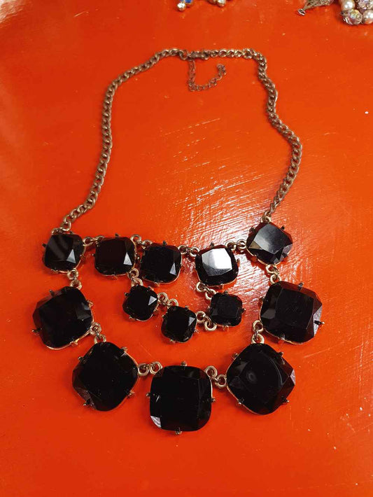 Vintage 90s Black Glass Rhinestone Statement Necklace
