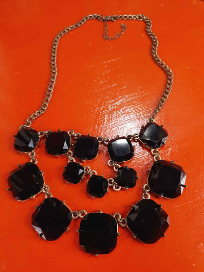 Vintage 90s Black Glass Rhinestone Statement Necklace