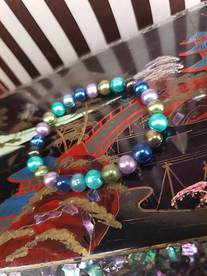 Vintage 90s Blue Green Freshwater Pearl Bracelet Stretch