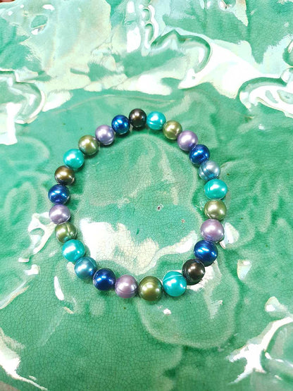 Vintage 90s Blue Green Freshwater Pearl Bracelet Stretch