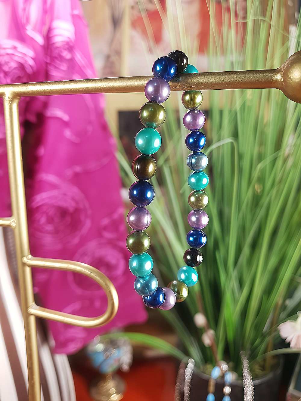 Vintage 90s Blue Green Freshwater Pearl Bracelet Stretch