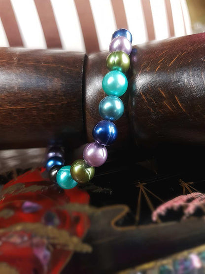 Vintage 90s Blue Green Freshwater Pearl Bracelet Stretch