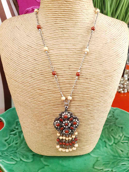 Vintage 90s Boho Bead Filigree Pendant Necklace Bohemian