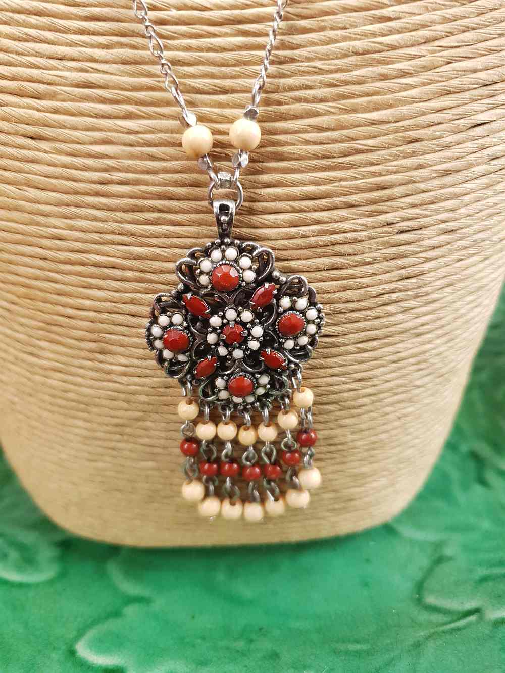 Vintage 90s Boho Bead Filigree Pendant Necklace Bohemian