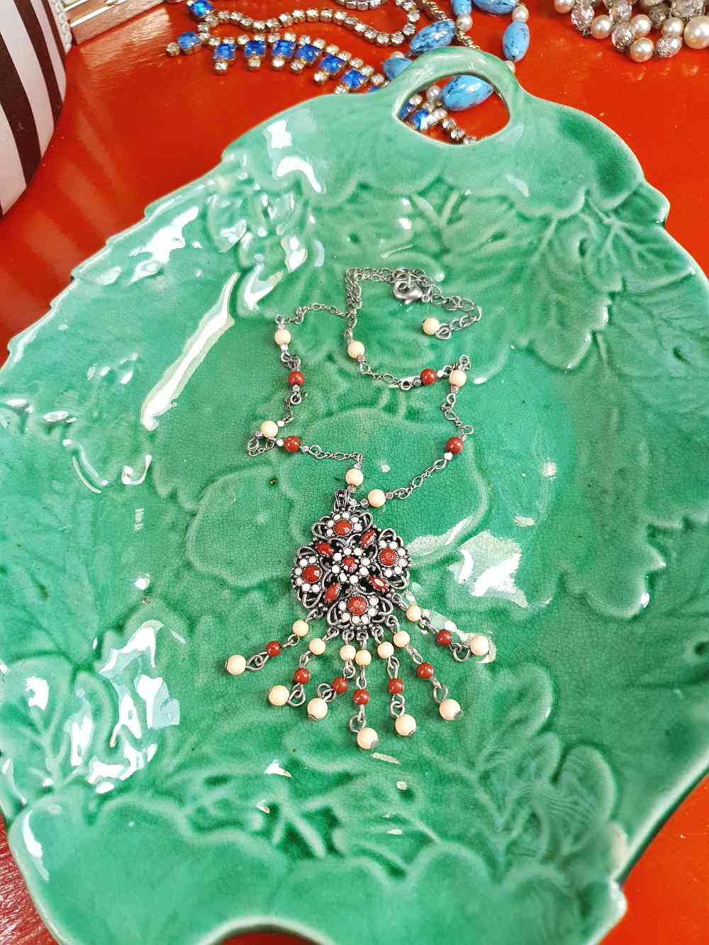 Vintage 90s Boho Bead Filigree Pendant Necklace Bohemian